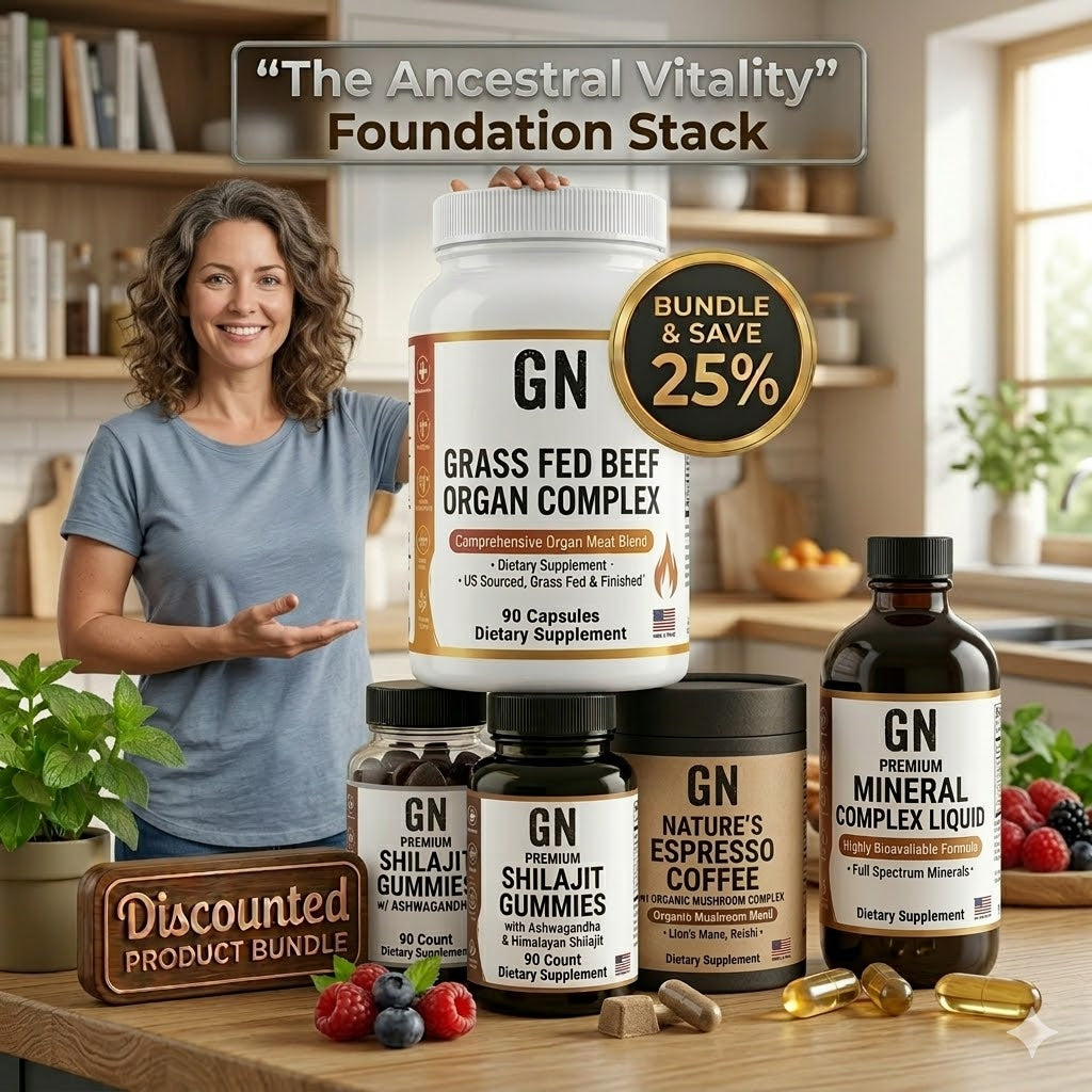 Woman holding a supplement container with various GN brand products on a kitchen counter.