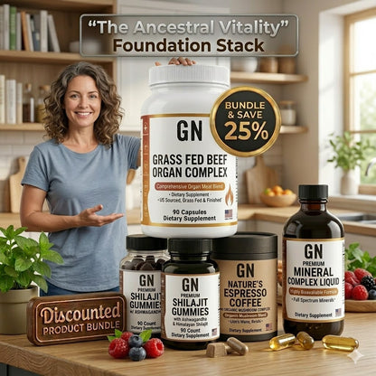 Woman holding a supplement container with various GN brand products on a kitchen counter.